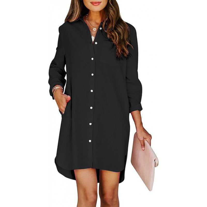 Pocketed Cotton-buttoned Belted Long-sleeved Solid-color High-low Blouse – Premium 0 | RICALOUX