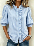 Puff-sleeved Button-up Summer Ruffled-edge Striped Loose-fit Blouse For Women – Premium 0 | RICALOUX