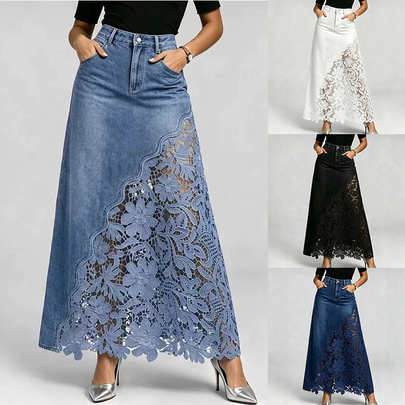 Washed Denim Lace-Panel Long Bodycon Skirt by Ricaloux