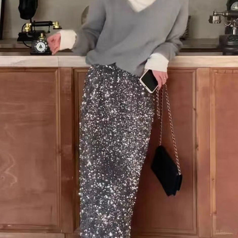 Womens Solid-Color Velvet Sequin Slit Skirt by Ricaloux