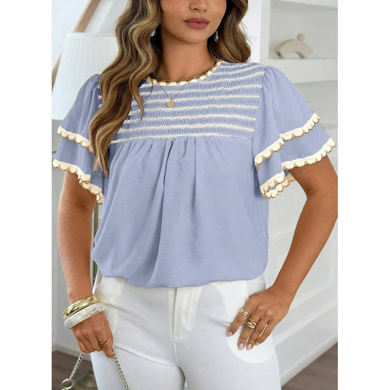 Womens Round-neck Ruffled Short-sleeve Blouse – Premium 0 | RICALOUX