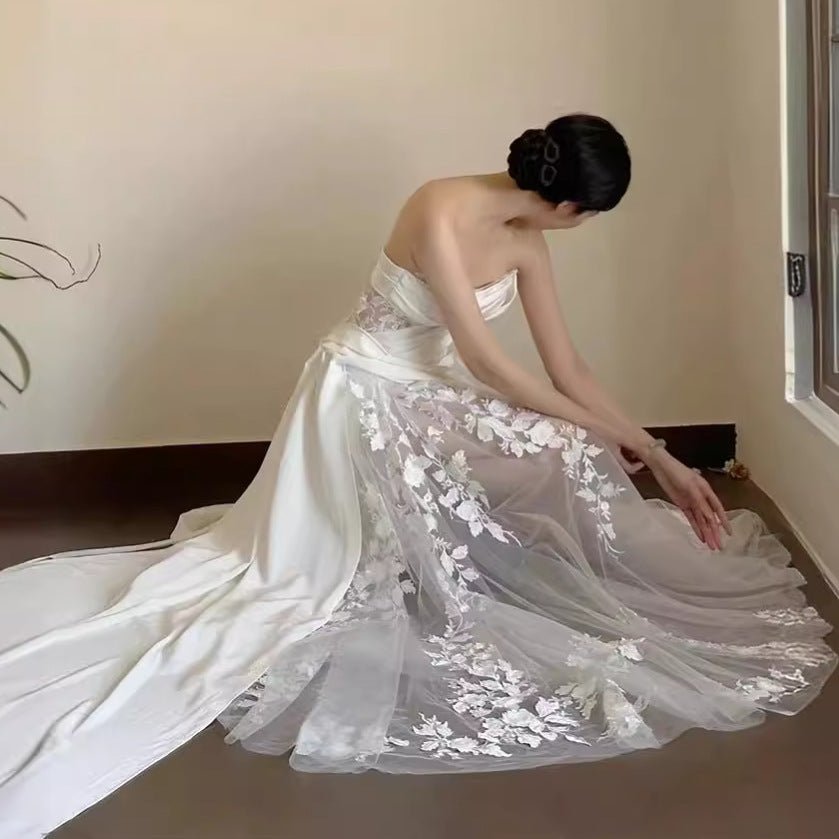 Satin Lace Wedding Veil Tube Top Fishtail Wedding Dress - RICALOUX