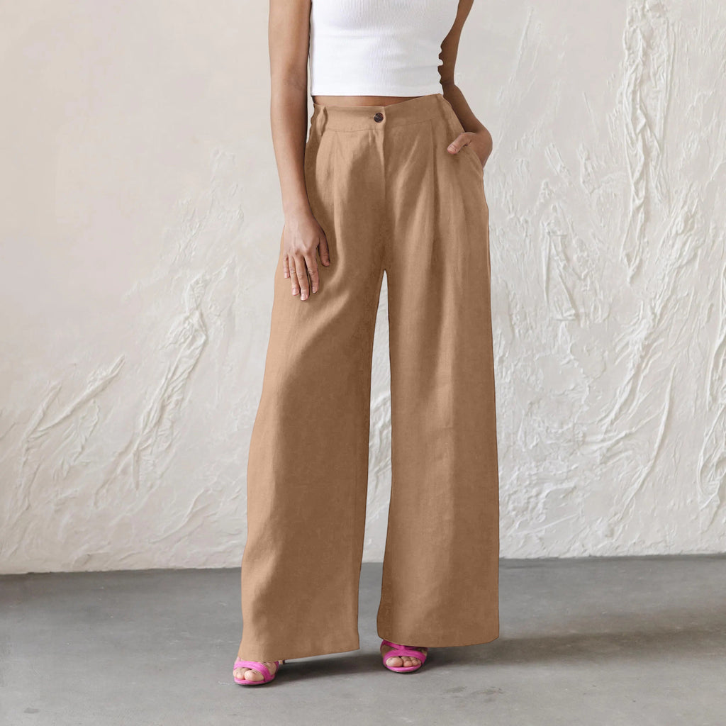 Womens Solid-Color High-Waisted Wide-Leg Pants Casual And Relaxed Fit Long Trousers – Premium 0 | RICALOUX