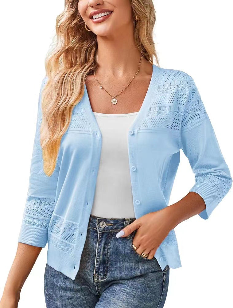 V-neck Cropped Outerwear Hollow-out Knit Cardigan by Ricaloux