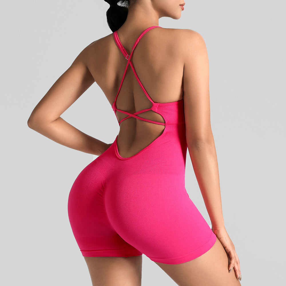 Seamless One-Piece Yoga Jumpsuit, Outdoor Back-Support Sports Bra, Peach Butt Fitness Outfit, Strappy Skin-Tight Bodysuit by Ricaloux