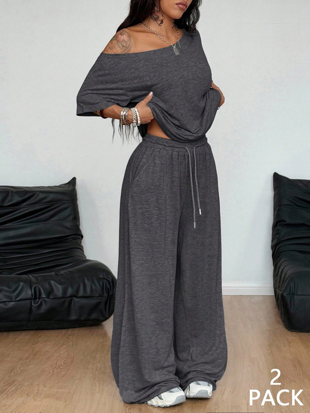 Casual 2 Pieces Set For Woman Two Piece Outfits Blusas T Shirt Tees Simple Style Homewear Loose Solid Color by Ricaloux