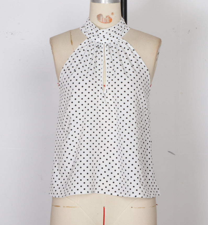 White Polka-Dot Summer Halter-Neck Vest For Women by Ricaloux