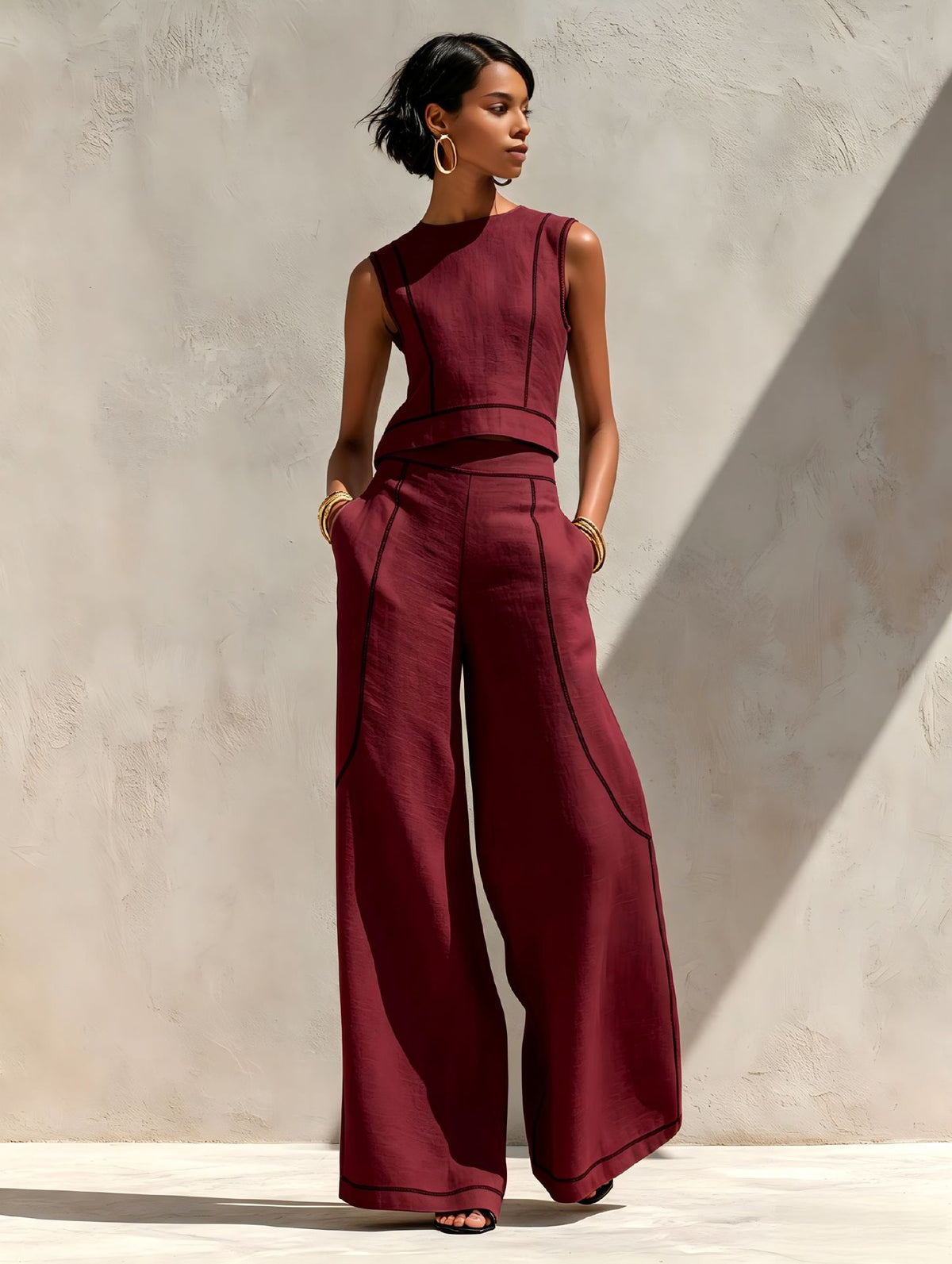 Sleeveless Color-Block Wide-Leg Pants Set Womens Summer Casual Chic Two-Piece Outfit by Ricaloux
