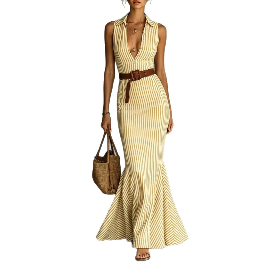 Elegant V-neck Dress With A Belt For Women by Ricaloux