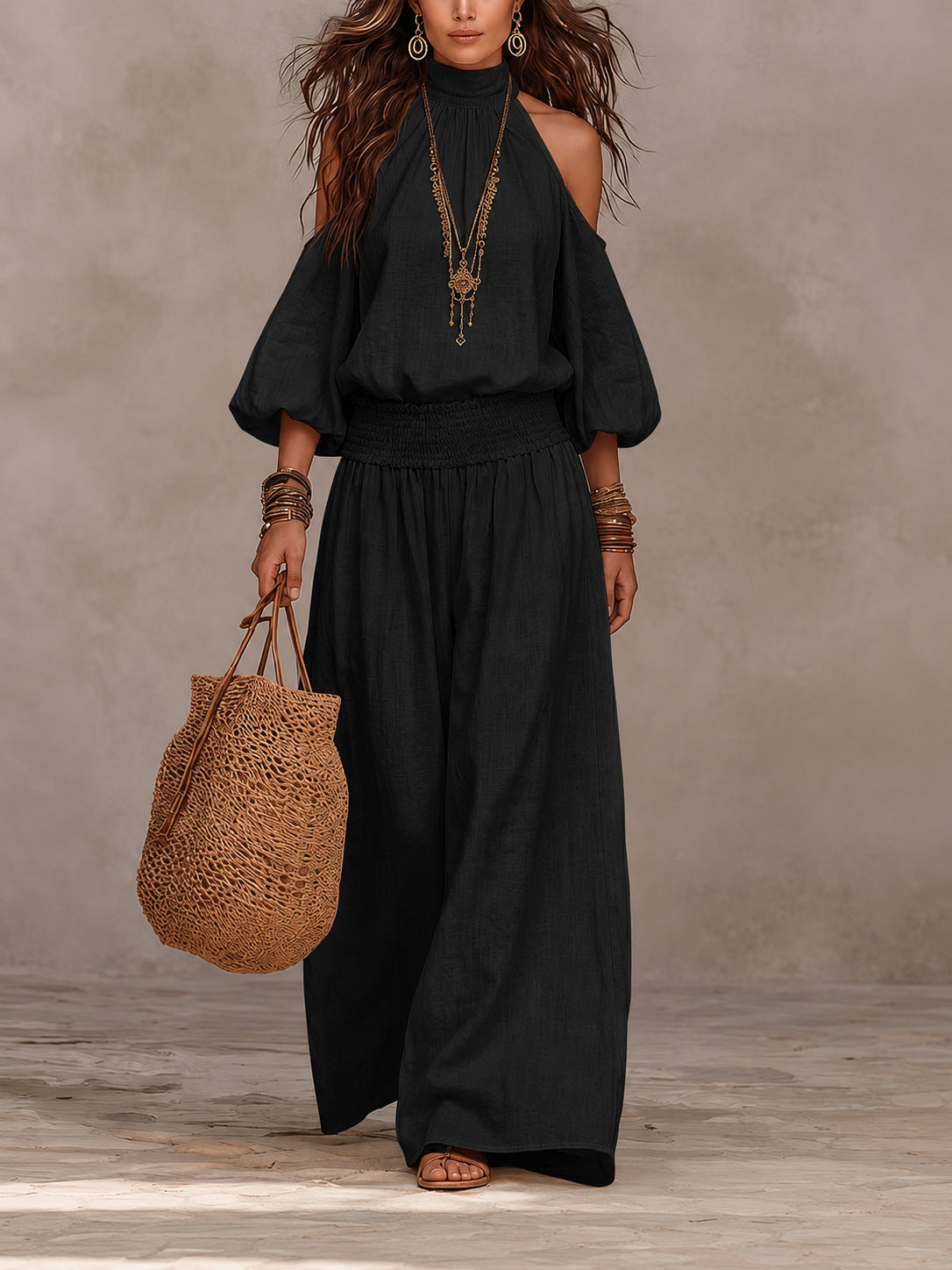 Womens Fashionable Casual Round-Neck Loose-Fit Long-Sleeve Hollow-Out Top And Pleated Pants Set by Ricaloux