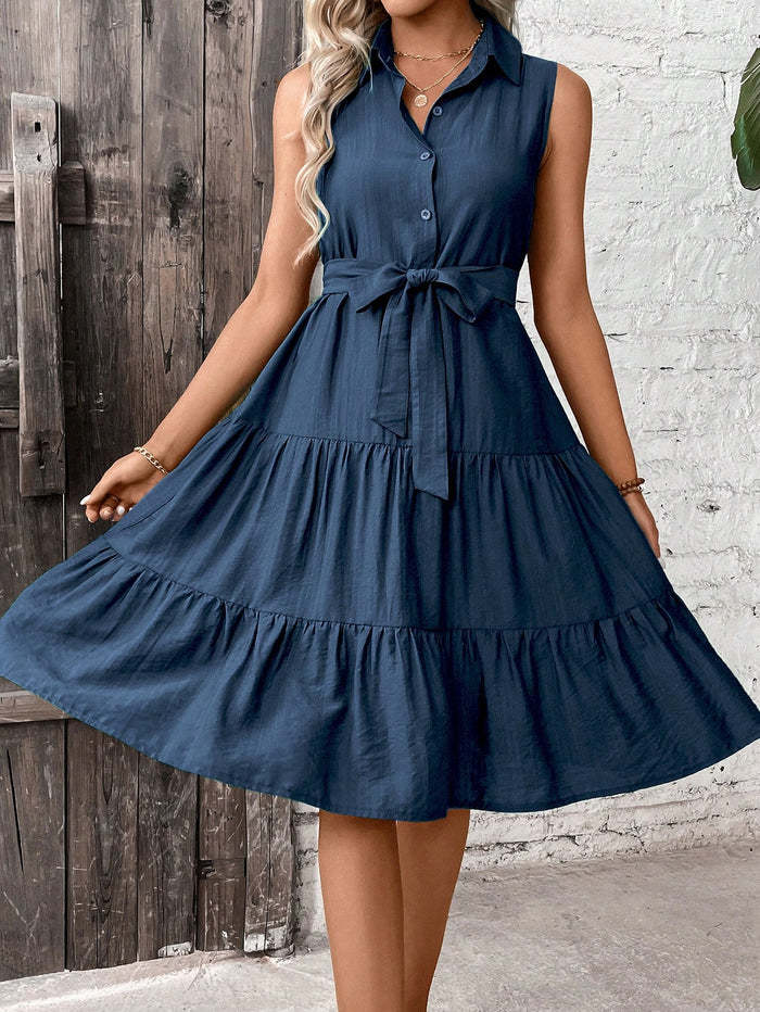 Womens New-style Solid-color Button-down Dress by Ricaloux