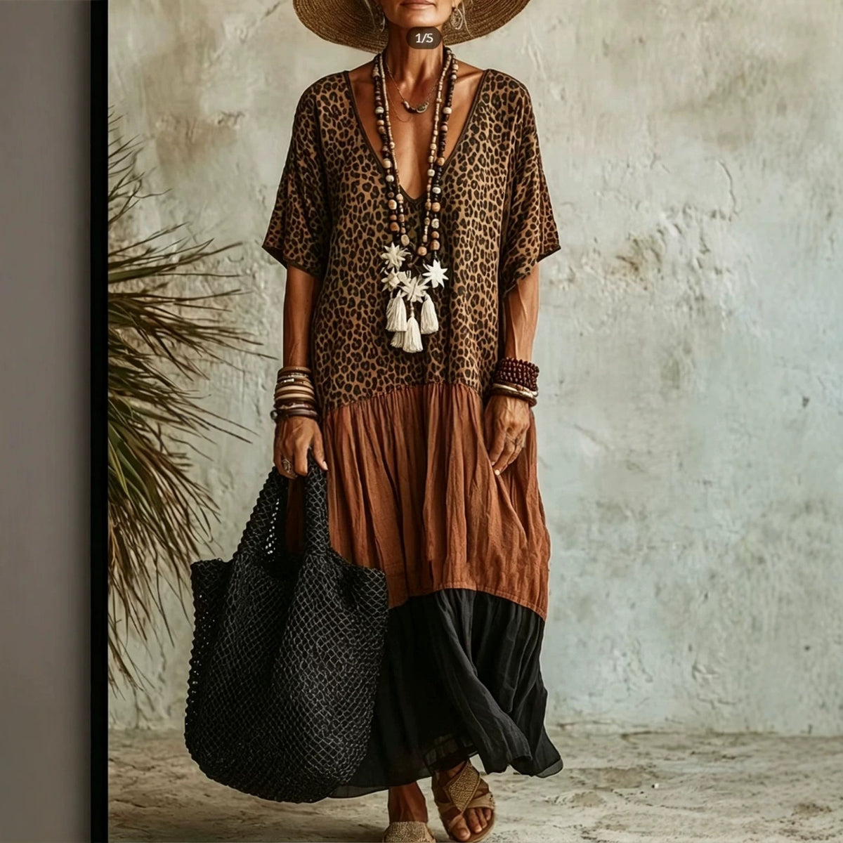 Casual Leopard-Print Colorblock V-Neck Dress by Ricaloux