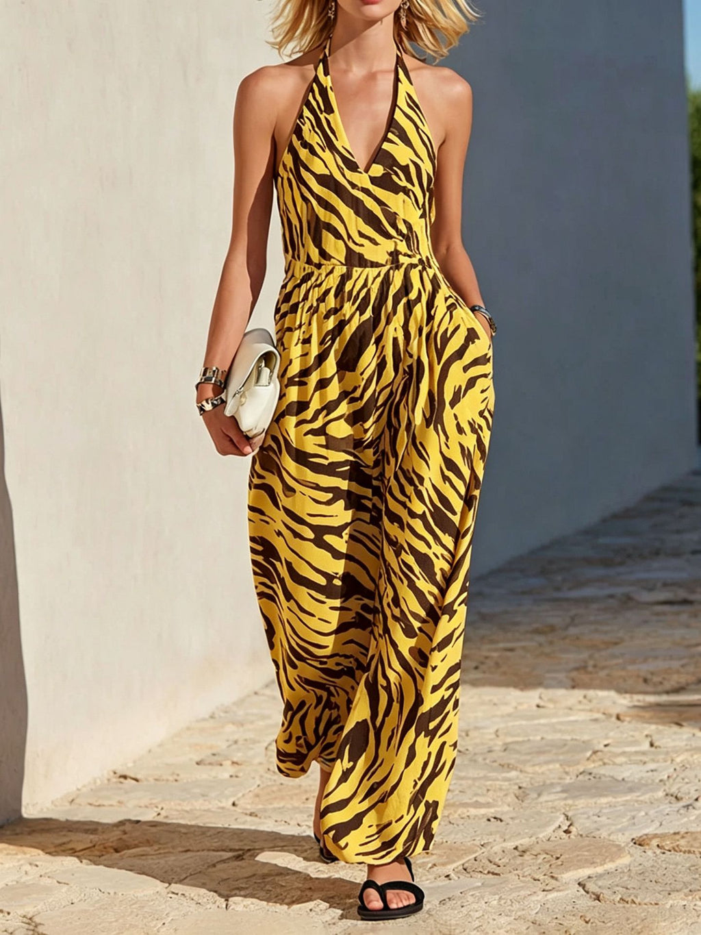 Womens Backless Zebra-Print Casual Jumpsuit by Ricaloux