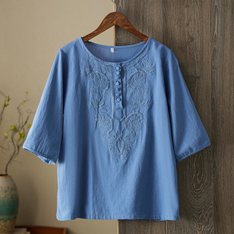 Womens Artistic Solid-Color Embroidered Cotton-Linen Top by Ricaloux
