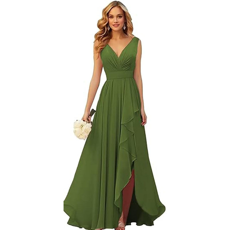 V-neck Pleated Slit Chiffon Dress With Tie Straps – Premium 0 | RICALOUX