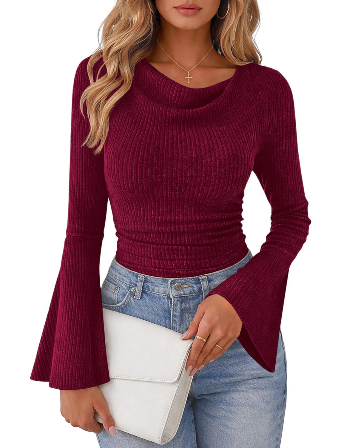 Womens Solid-Color Brushed T-Shirt With Flared Long Sleeves by Ricaloux