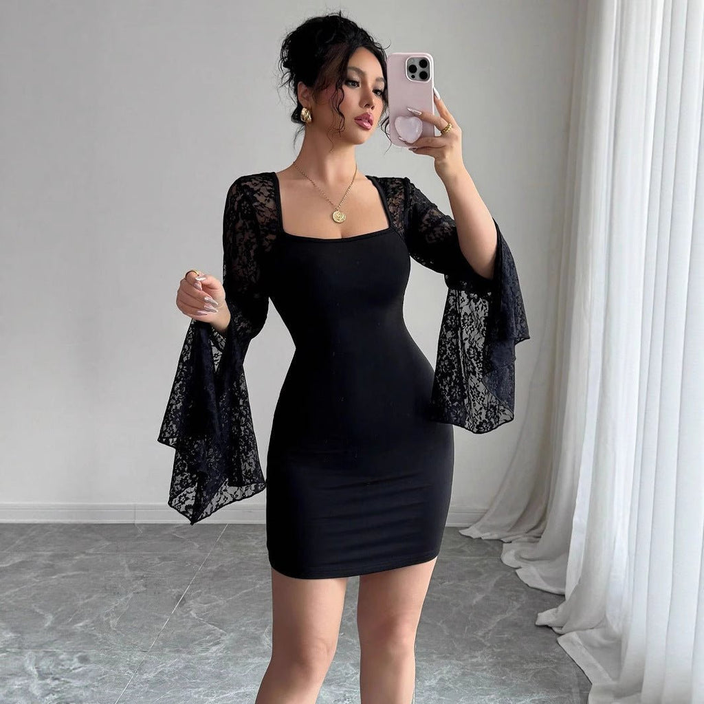 Bell Sleeve Split Solid Color Lace Stitching Square Collar Hip Dress - RICALOUX