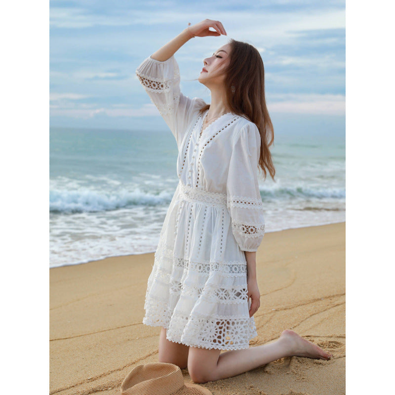 White Lantern-sleeve V-neck Dress – Premium 0 | RICALOUX
