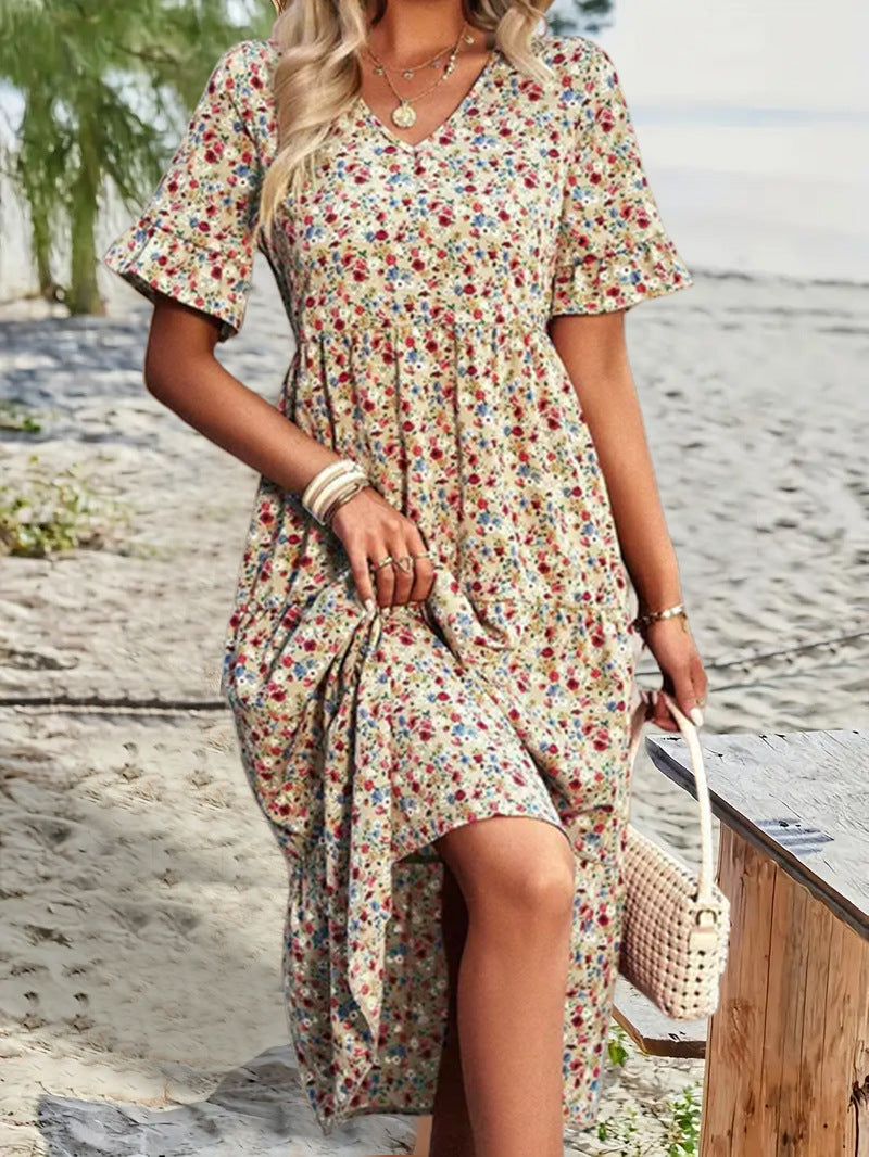 Casual Bohemian V-neck Short-sleeve Flowing Long Beach Dress by Ricaloux
