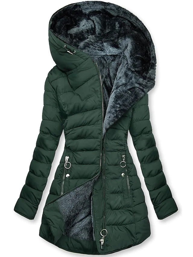 Women's Plush Hooded Mid-length Oblique Zipper Cotton-padded Coat - RICALOUX