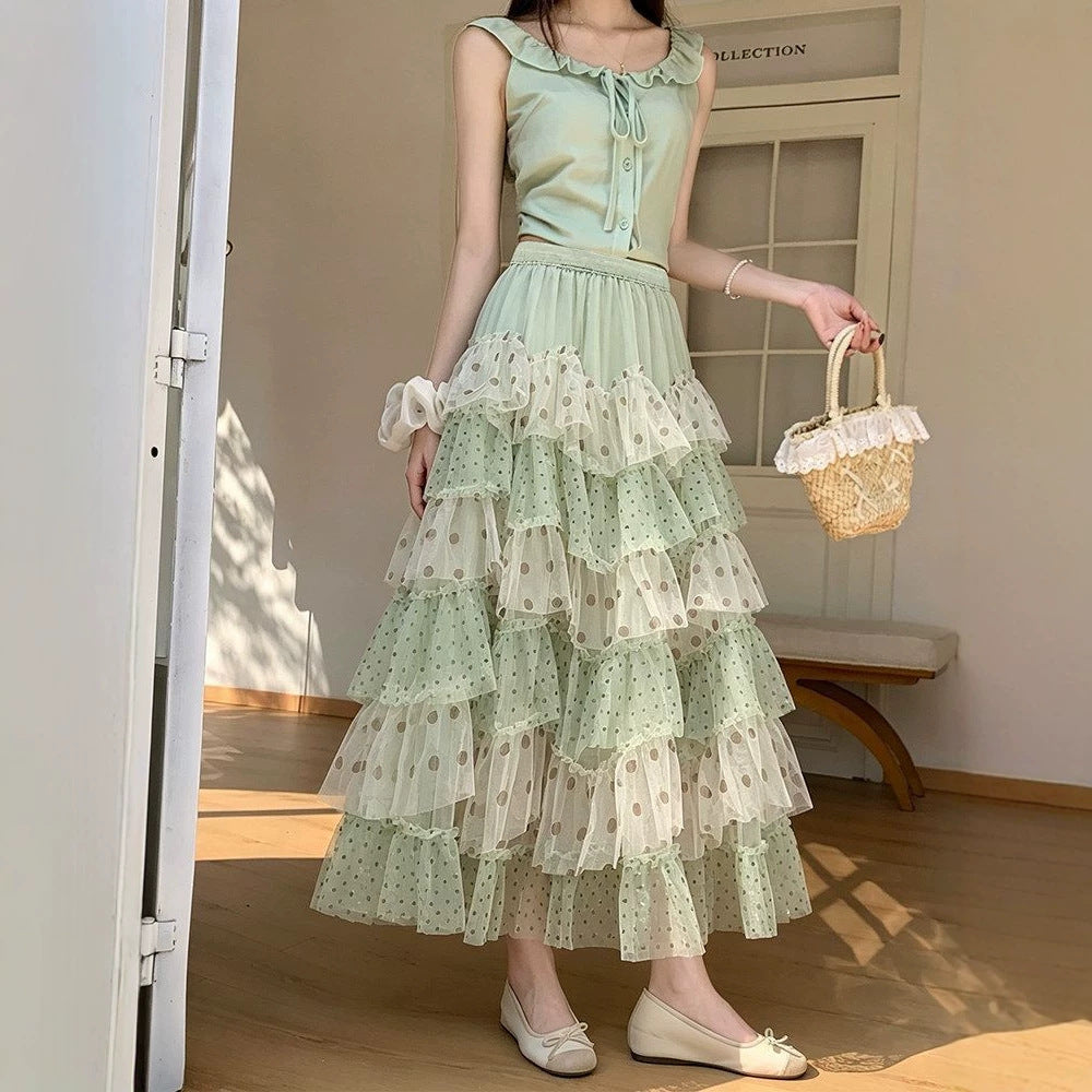 Ethereal Chiffon Puff Polka-dot Skirt by Ricaloux