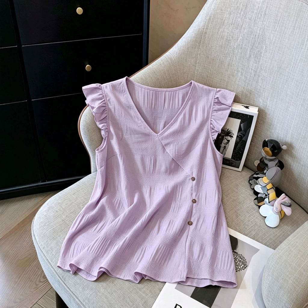 French-style V-neck, Fluttery Three-quarter Sleeves, Textured Top by Ricaloux