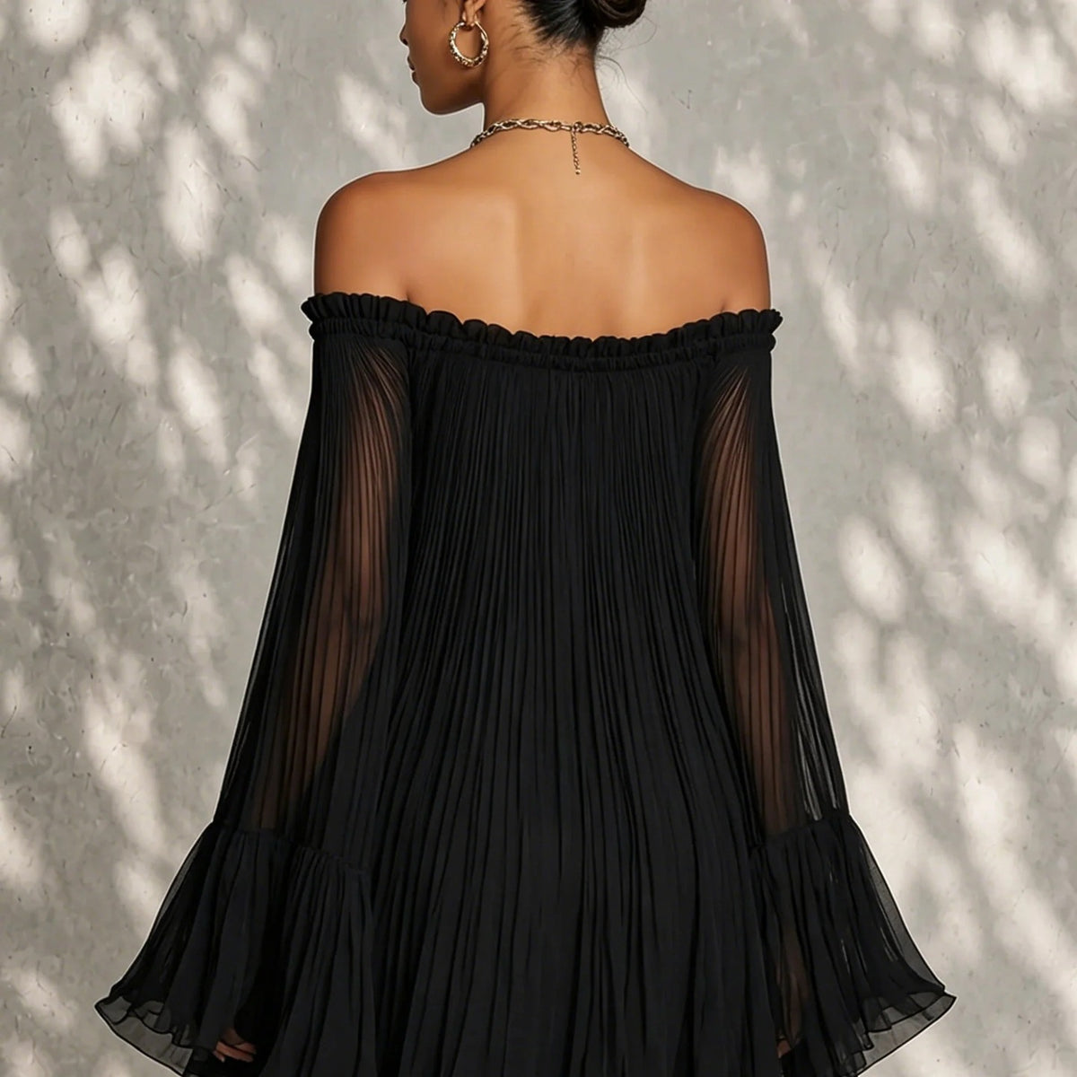 Lotus-Leaf Flared Long-Sleeve Sheer Dress – Premium 0 | RICALOUX
