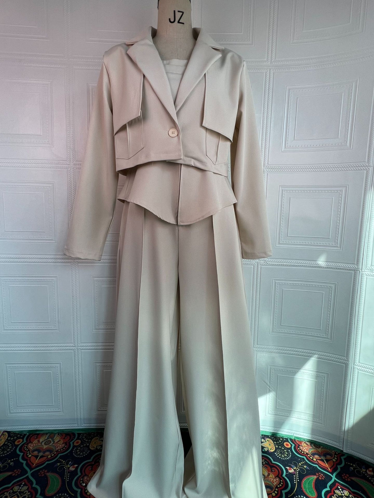 Womens Solid-color Elegant Blazer And Wide-leg Suspender Pants Set by Ricaloux