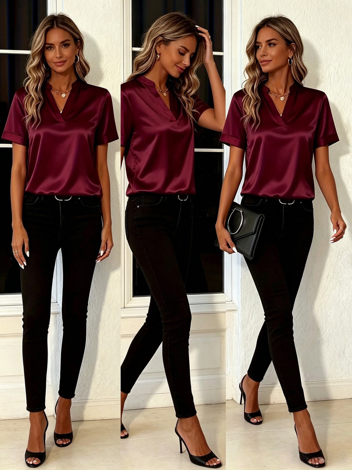 Women's Satin V-Neck Short Sleeve Blouse - Elegant Stand Collar Office Wear Top, Multiple Colors Available – Premium 4 | RICALOUX