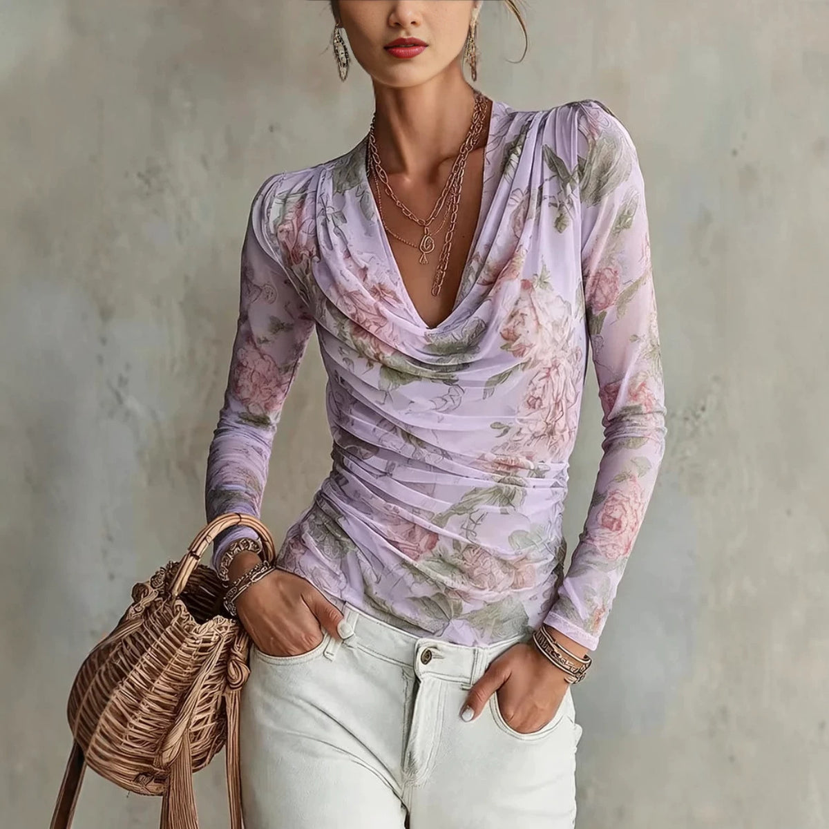 Womens Off-shoulder V-neck Cinched-waist Floral Chiffon Long-sleeve Top – Premium 0 | RICALOUX