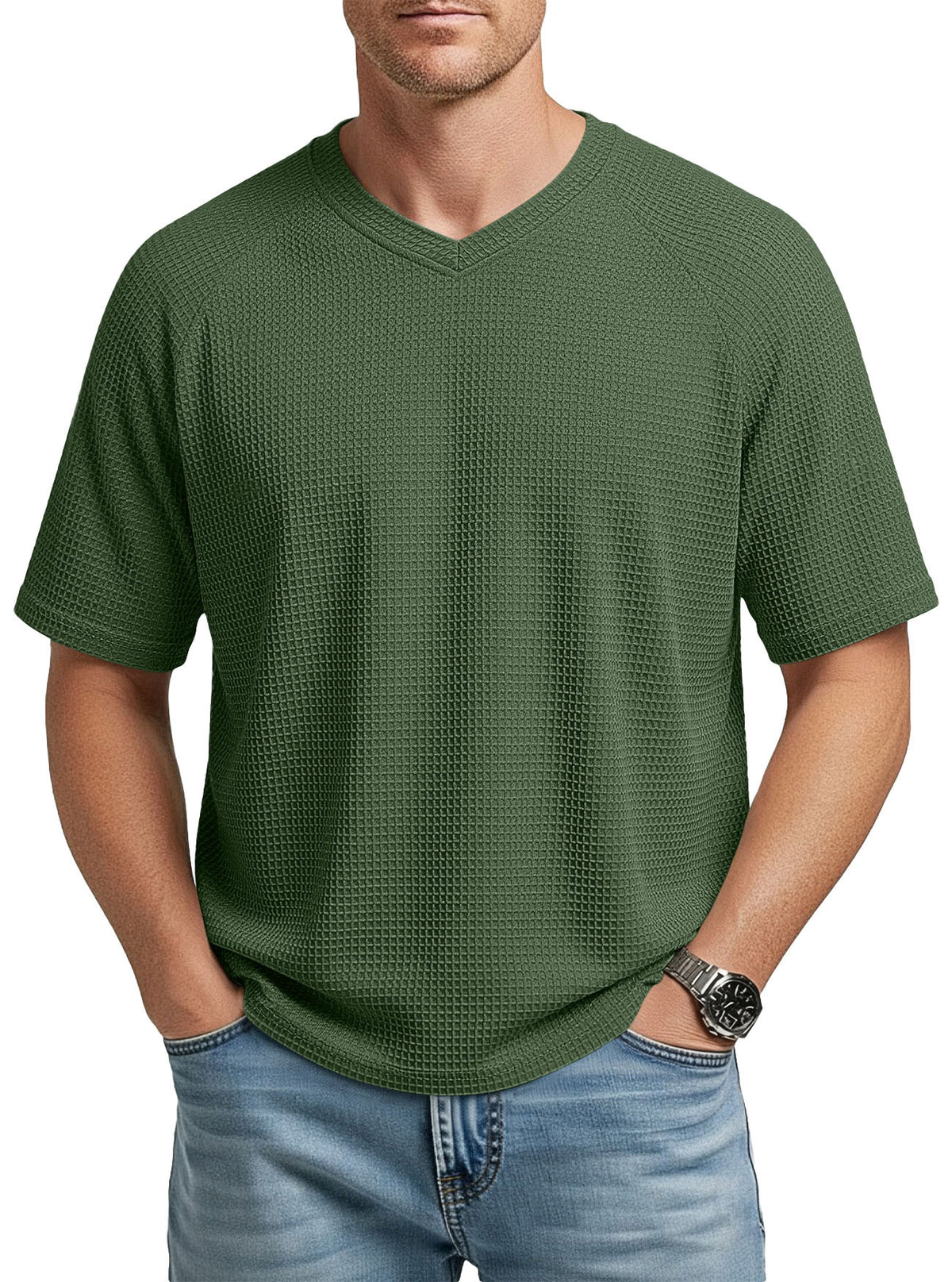 Mens V-neck Raglan Waffle-Knit Short-Sleeve Knit T-Shirt – Premium 0 | RICALOUX