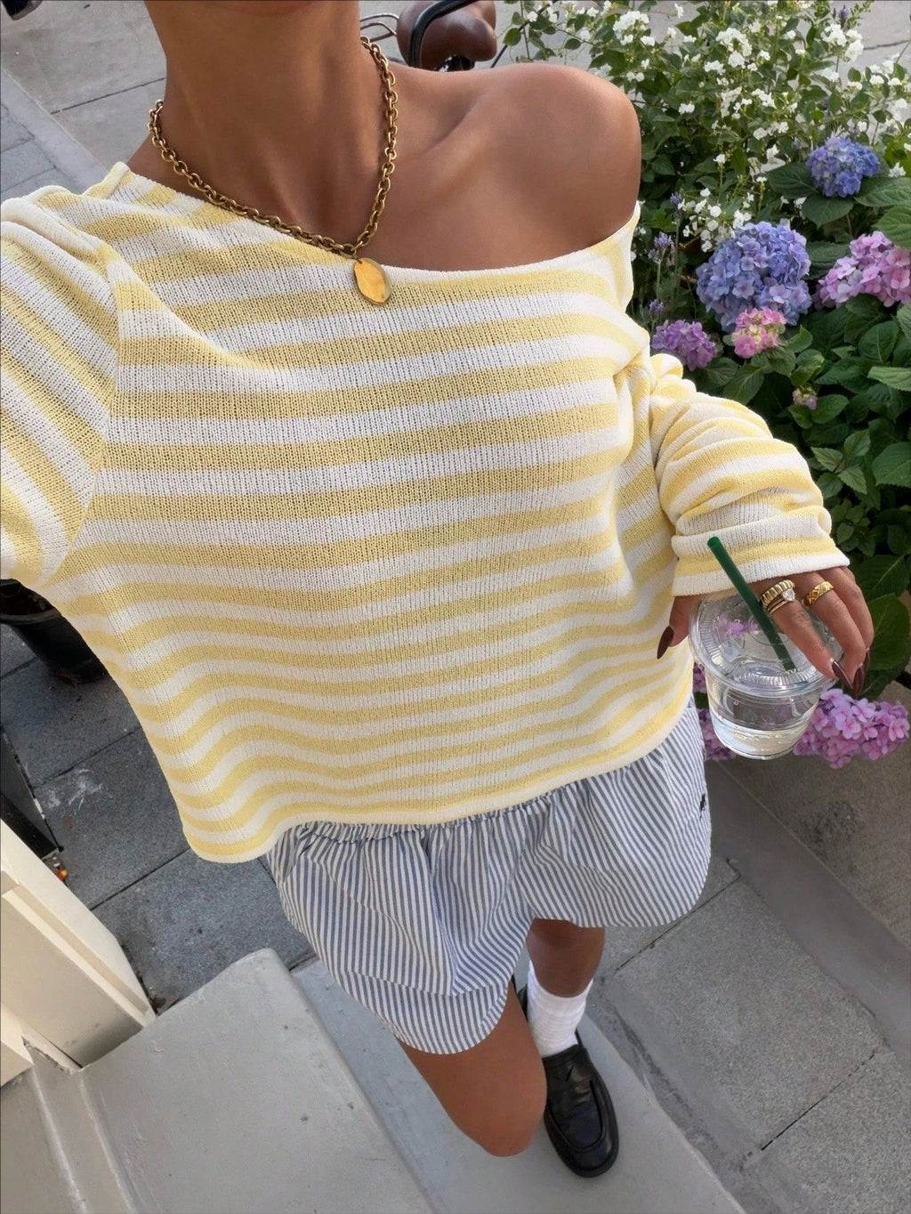 Casual Short-length Striped Knit Top With Long Sleeve by Ricaloux