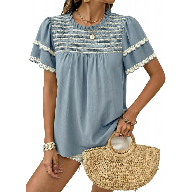 Womens Round-neck Ruffled Short-sleeve Blouse – Premium 0 | RICALOUX