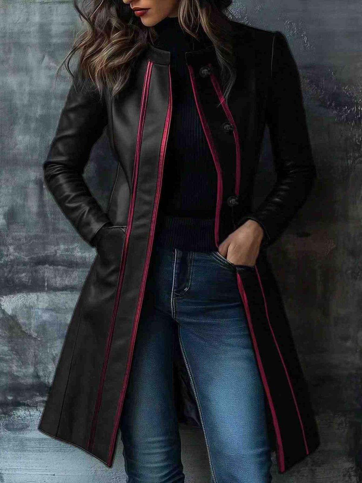 Retro Black Color-block Collar Leather Jacket Trench Coat – Premium 0 | RICALOUX