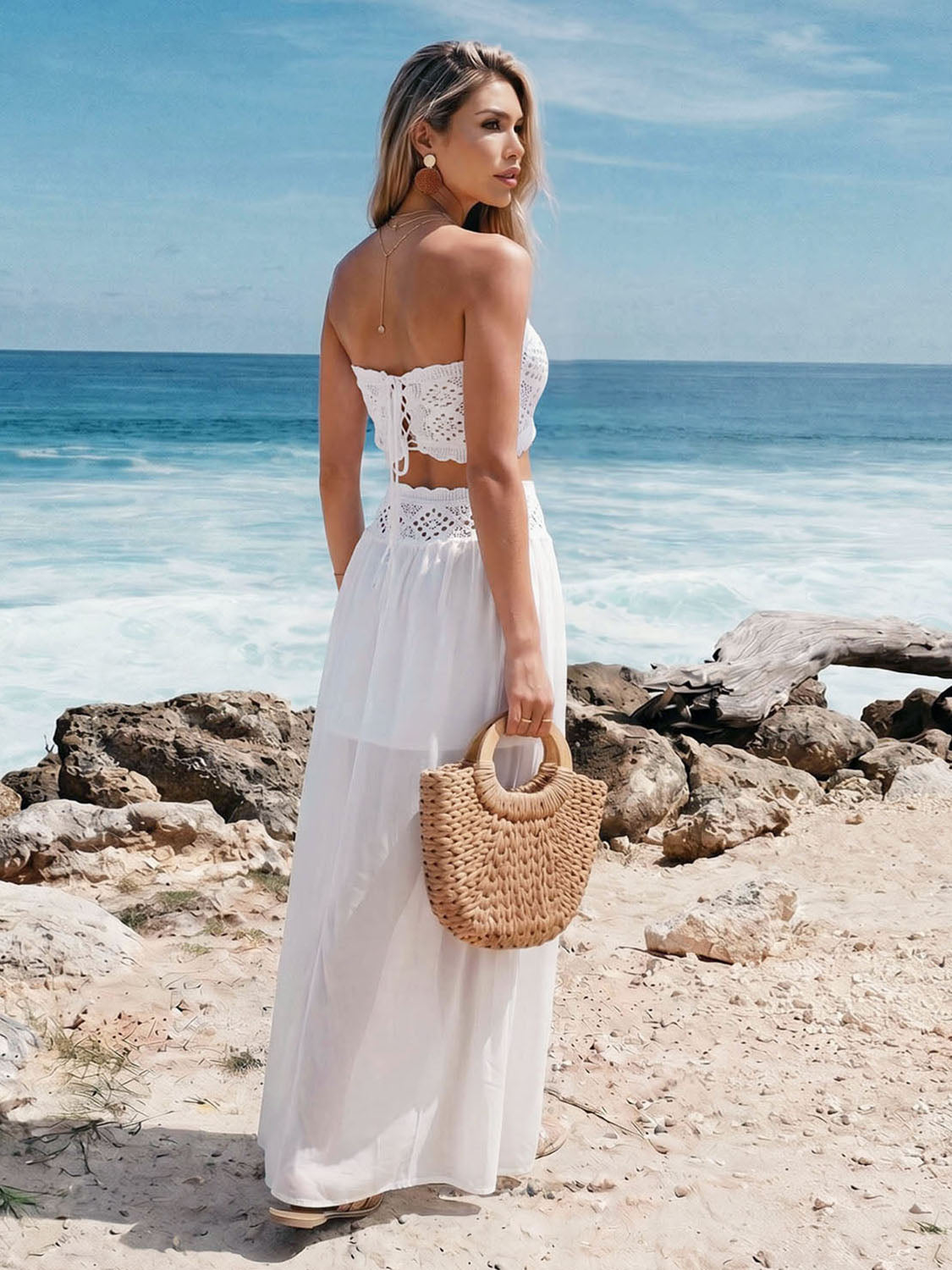 New 2-Piece Outfit, Reversible Long Chiffon Beach Dress With Liner, Tie Waist Crochet Hollow Out Cover Up Set by Ricaloux