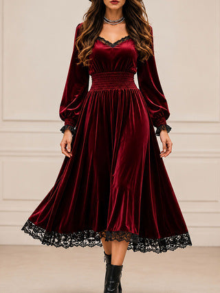 Casual Autumn Lace-Patchwork Velvet Evening Dress by Ricaloux