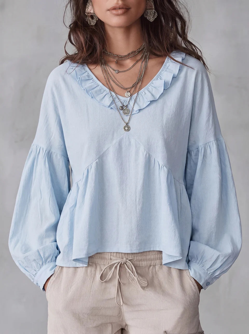 Vintage Lace-trimmed V-neck Long-sleeve Blouse – Premium 0 | RICALOUX