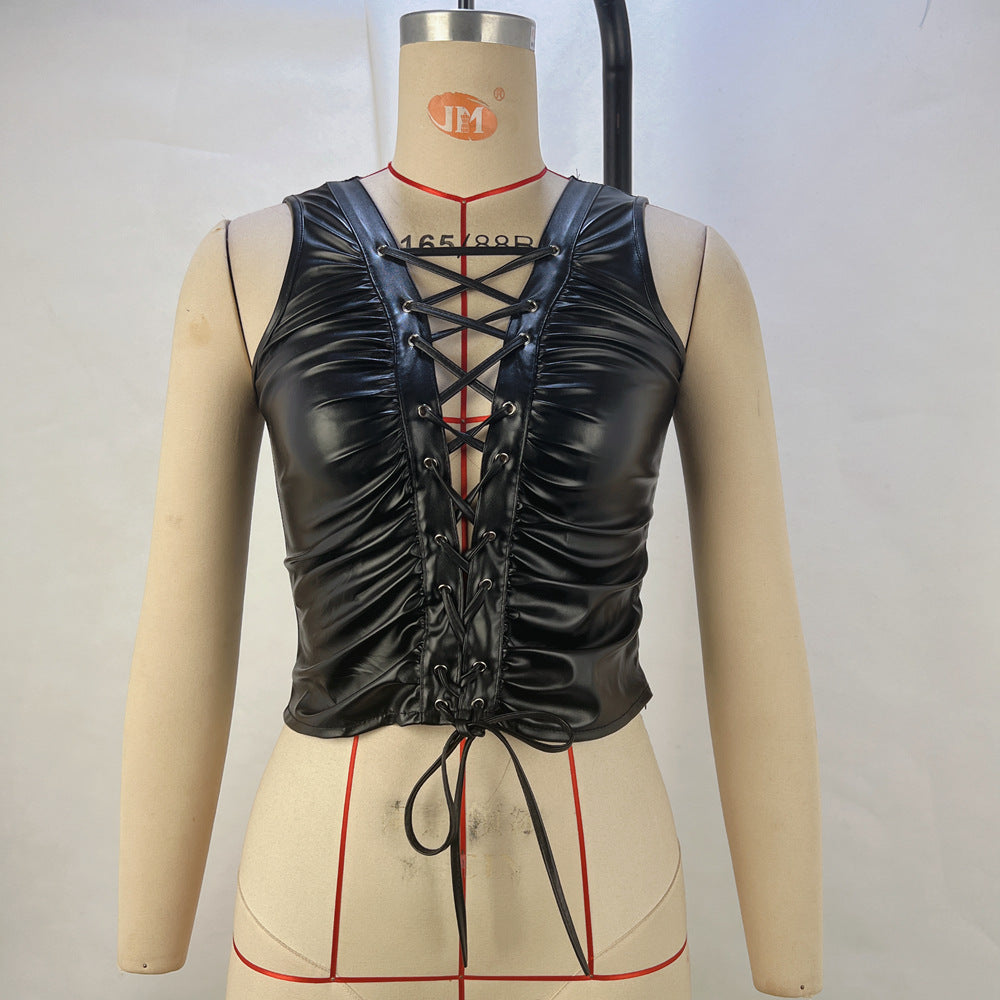 European And American-style Solid-color Rivet Strap PU Leather Sleeveless Top by Ricaloux
