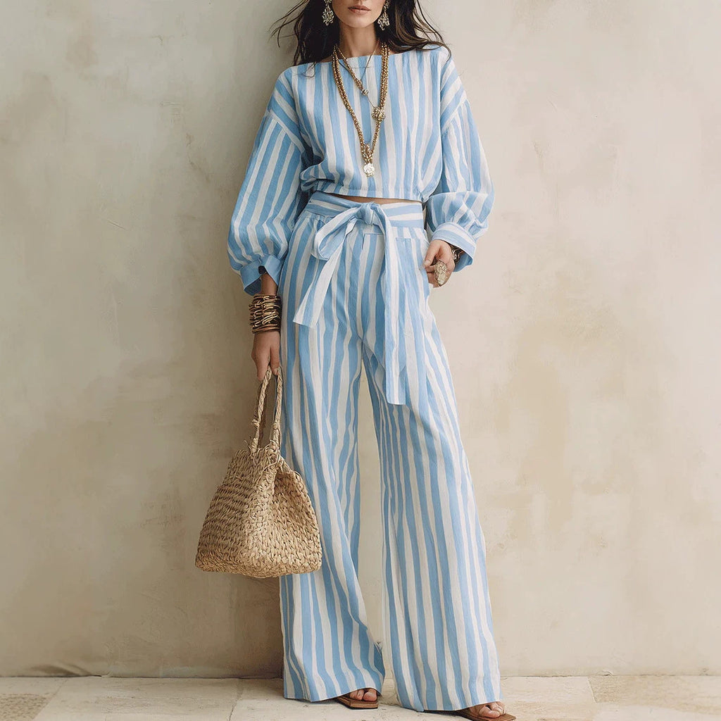 Womens Striped Cropped Top And Casual Lace-up Wide-leg Pants Set – Premium 0 | RICALOUX
