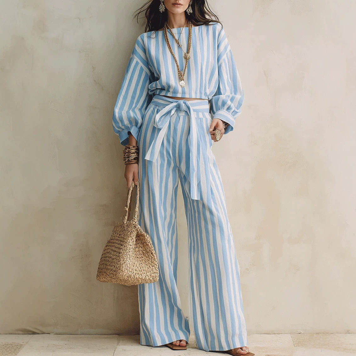 Womens Striped Cropped Top And Casual Lace-up Wide-leg Pants Set – Premium 0 | RICALOUX