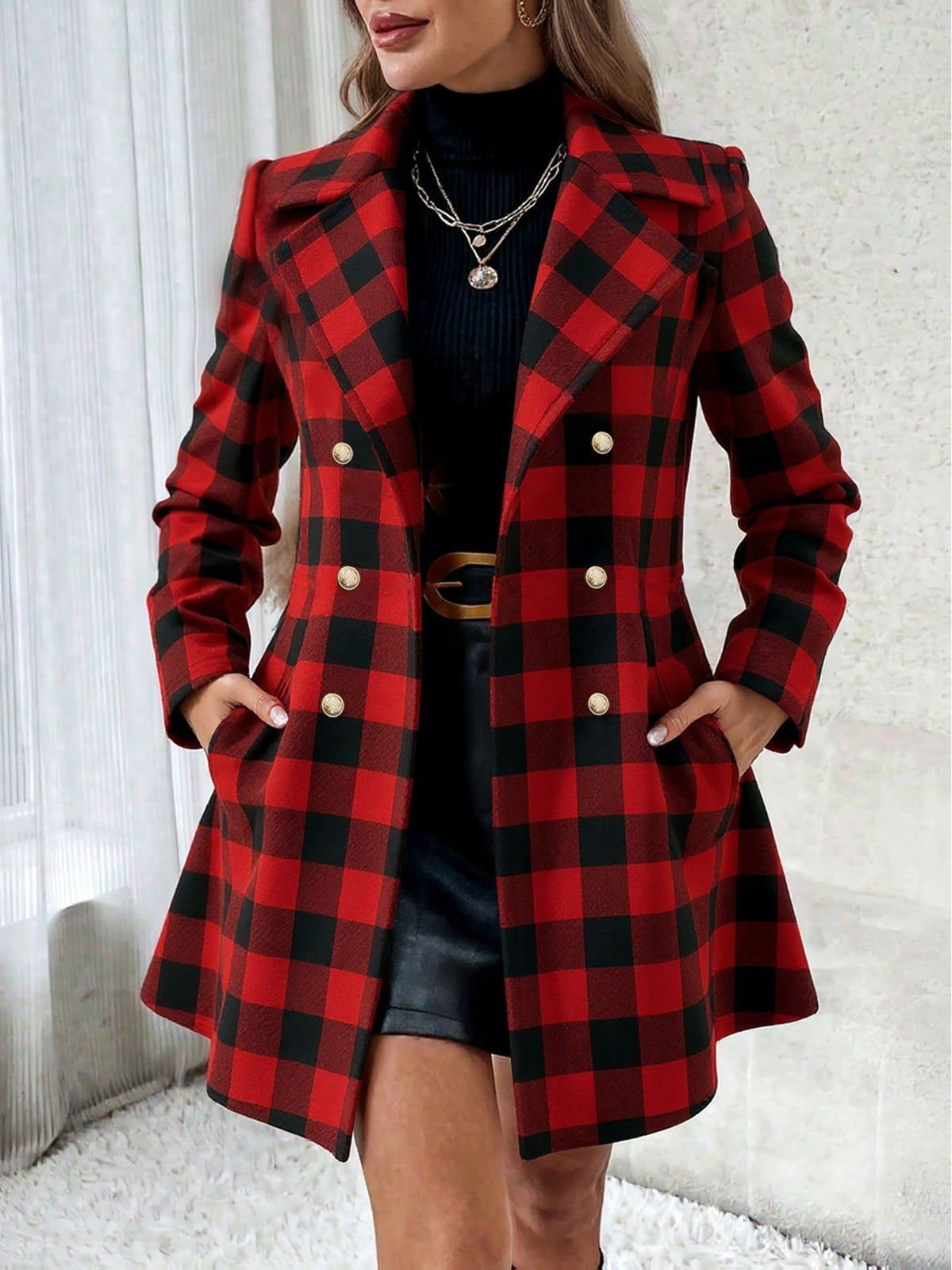 Plus-size Contrast-color Plaid Fleece-lined Loose-fit Coat For Women by Ricaloux