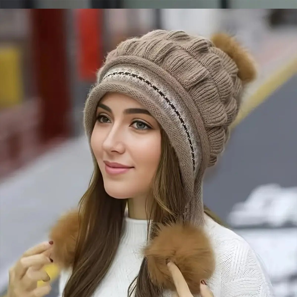 Cozy Knit Fleece-Feel Beanie With Ear Flaps & Pompom Warm Winter Hat For Women Perfect For Skiing & Outdoor Activities - RICALOUX