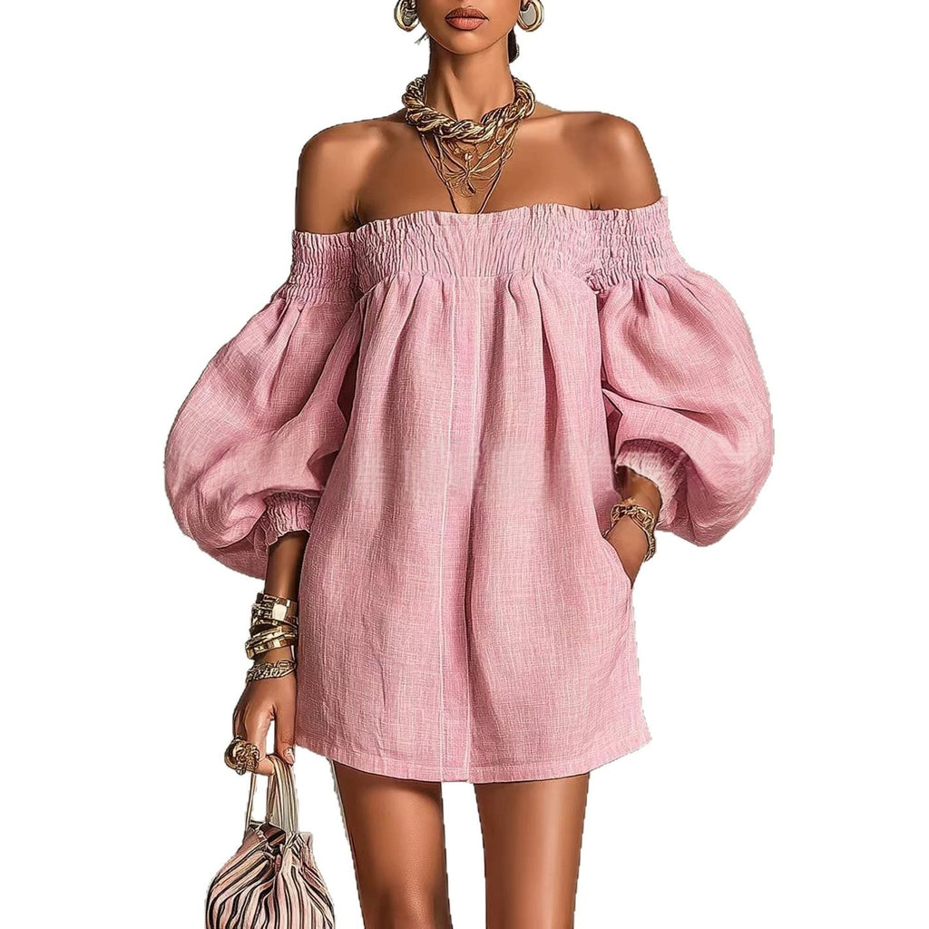 Off-the-shoulder Lantern-sleeve A-line Loose-fit Mini Dress by Ricaloux
