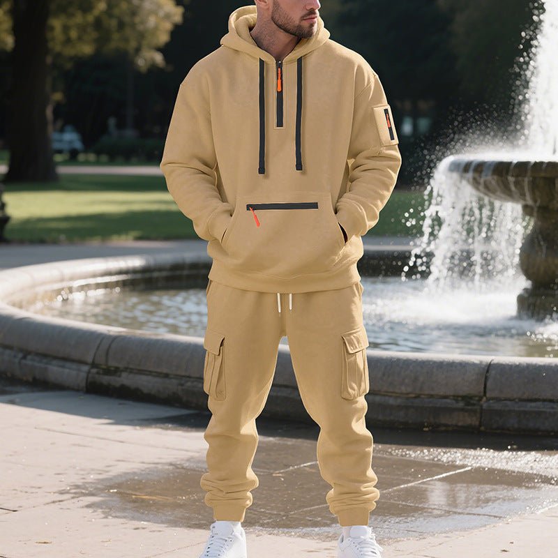 Men's Loose Sports And Leisure Suit Sweater Fleece-lined Hoodie Set Zipper Multi-Pocket Pullover Men's Sports Casual Top Two-piece Set - RICALOUX