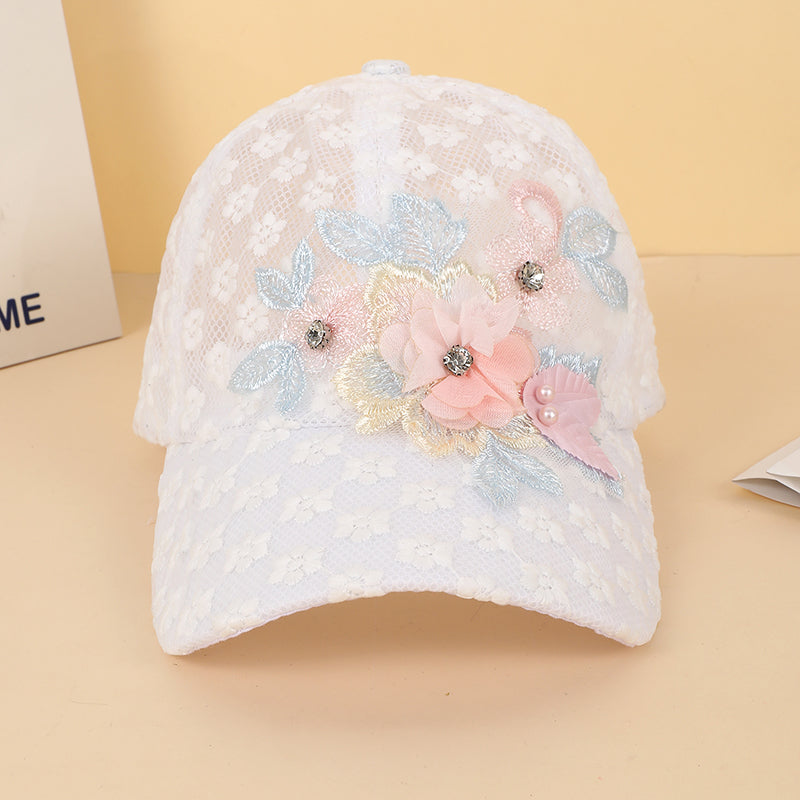 Summer Women's Powder-white Netting Lace Pearl Flower-decorated Adjustable Back-buttoned Fresh And Sweet Style Baseball Cap by Ricaloux