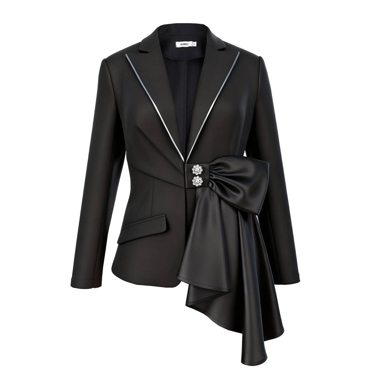 Contrast Satin Bow Rhinestone Trim Fitted Blazer Jacket by Ricaloux