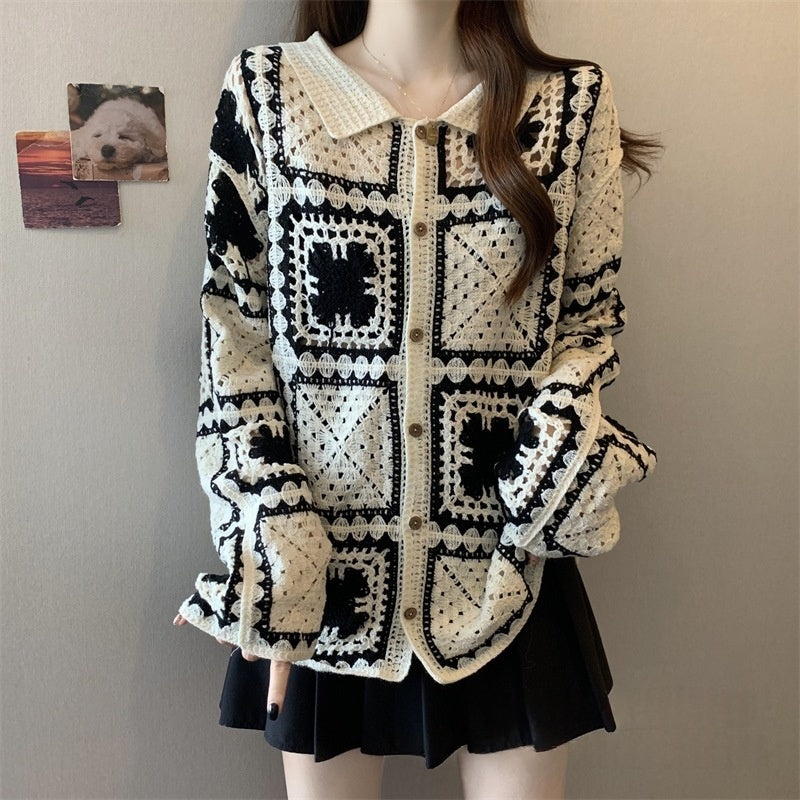 French-style Elegant Crocheted Floral Plaid Cardigan With A Lapel by Ricaloux