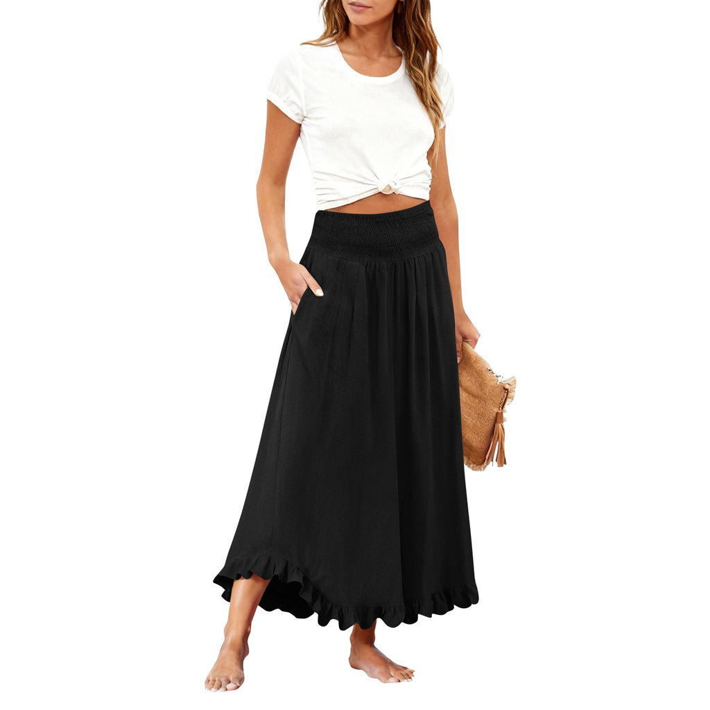 High-waisted Elastic-waist Long Skirt With Ruffled Hem by Ricaloux