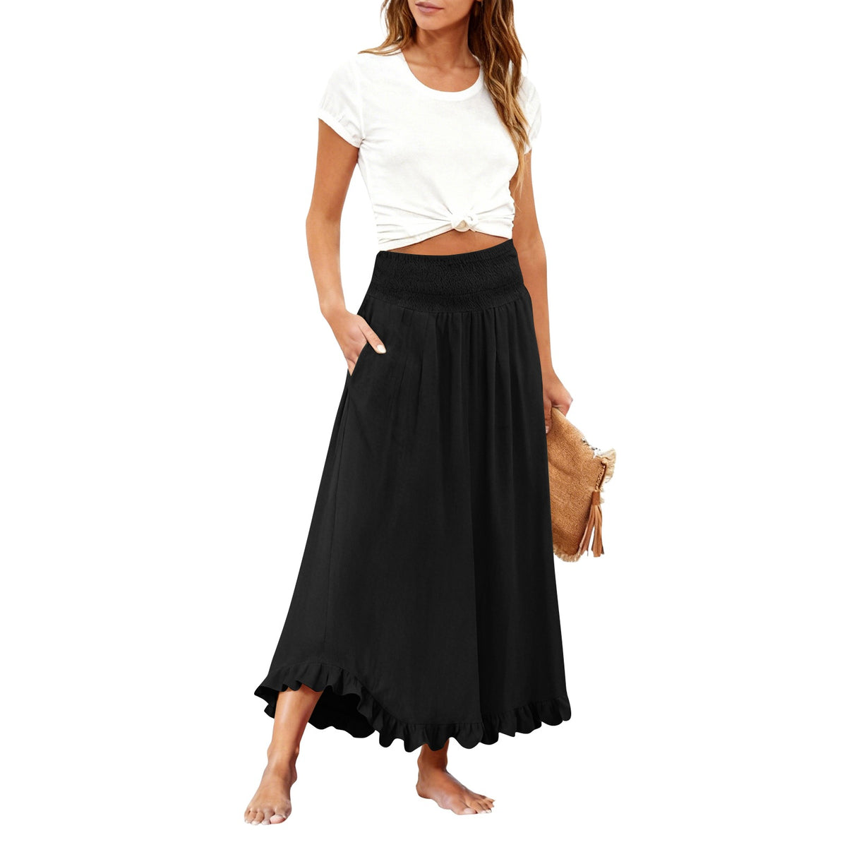High-waisted Elastic-waist Long Skirt With Ruffled Hem by Ricaloux