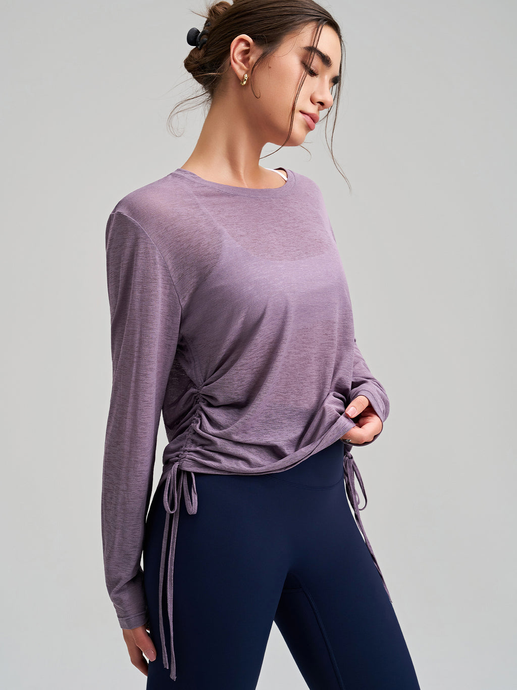 New Outerwear Crew Neck Yoga Cover-up Long-Sleeve Hip-Covering Side Drawstring T-Shirt, Loose Breathable Workout Running Yoga Top – Premium 4 | RICALOUX